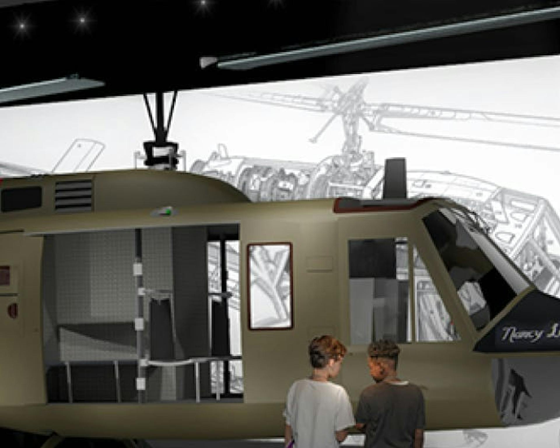 The Huey Exhibit Rendering, two people standing in front of The Huey Helicopter.